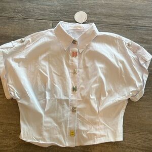 New white short sleeve dress blouse embellishments on front and shoulders